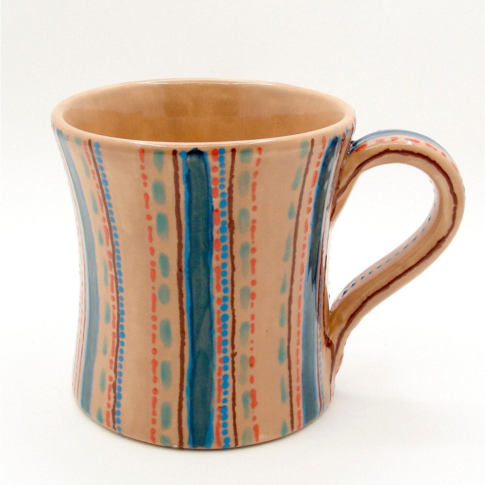 Studio Art Pottery Mug Tan Blue Red Glaze Handcrafted Ceramic Coffee Cup 18 oz